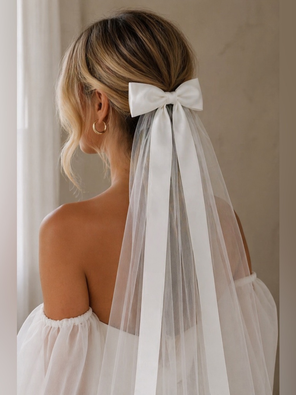Anthro Bow Veil – Bridal Minimalist Tulle Hair Clip White Chic